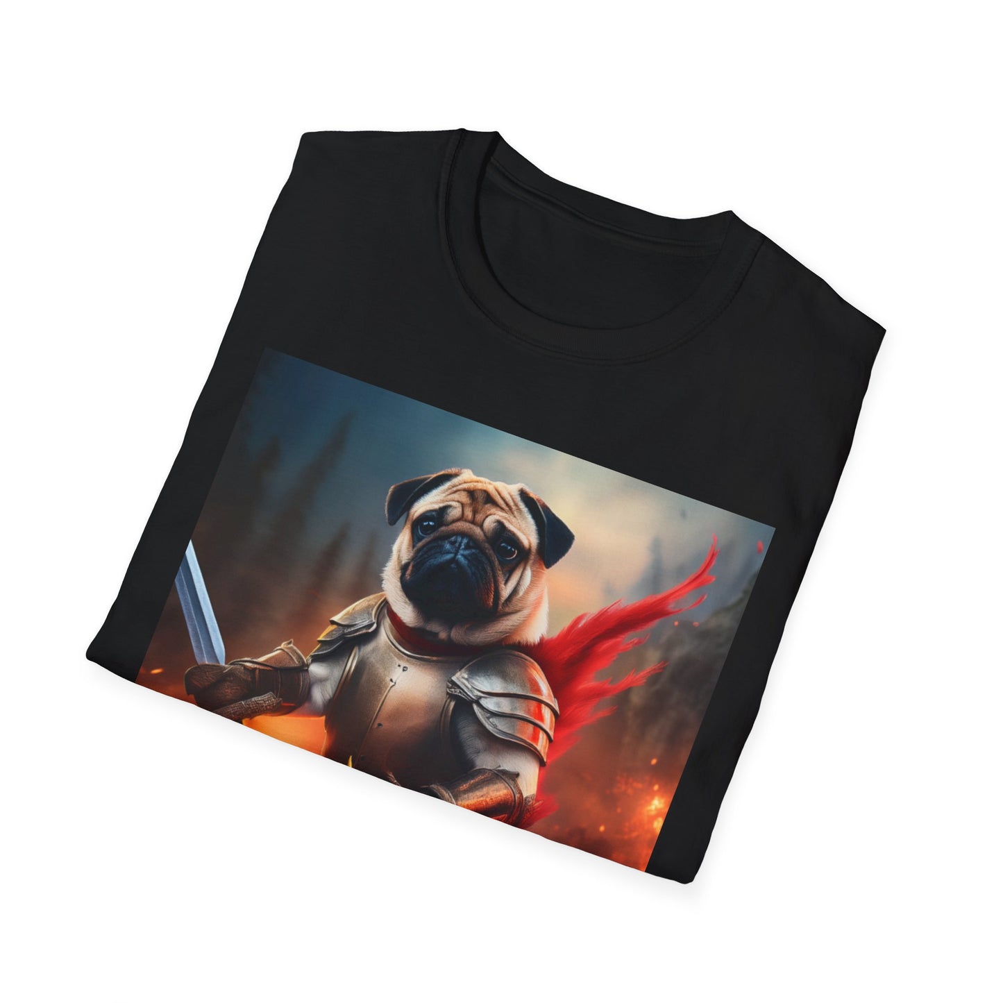Pug Riding on A Red Dragon Unisex Softstyle T-Shirt - Funny Animal Lover Tee, Cute Dog Graphic Shirt, Fantasy Pet Apparel, Novelty Gift Top,