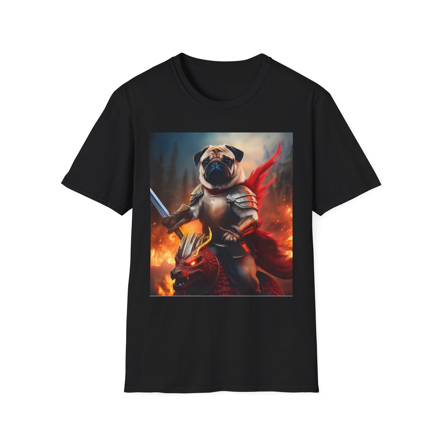 Pug Riding on A Red Dragon Unisex Softstyle T-Shirt - Funny Animal Lover Tee, Cute Dog Graphic Shirt, Fantasy Pet Apparel, Novelty Gift Top,