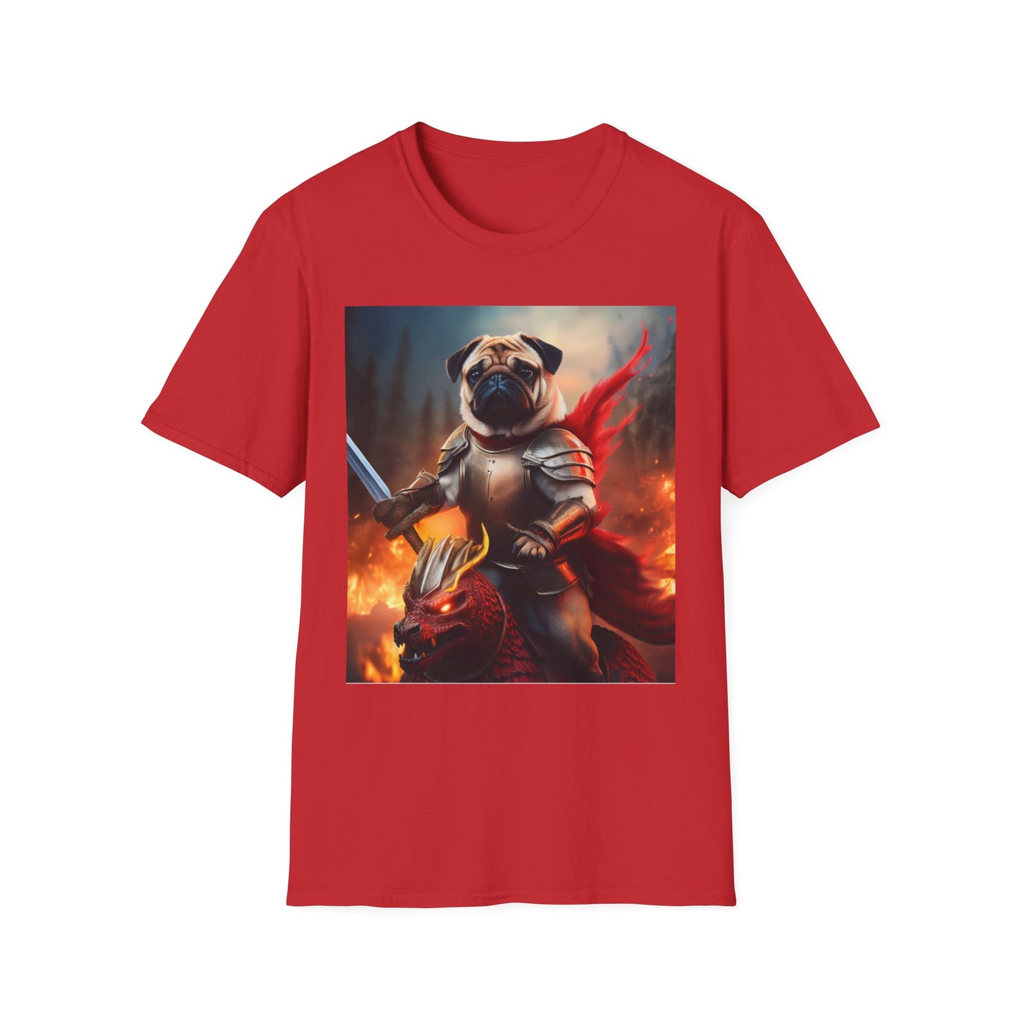Pug Riding on A Red Dragon Unisex Softstyle T-Shirt - Funny Animal Lover Tee, Cute Dog Graphic Shirt, Fantasy Pet Apparel, Novelty Gift Top,