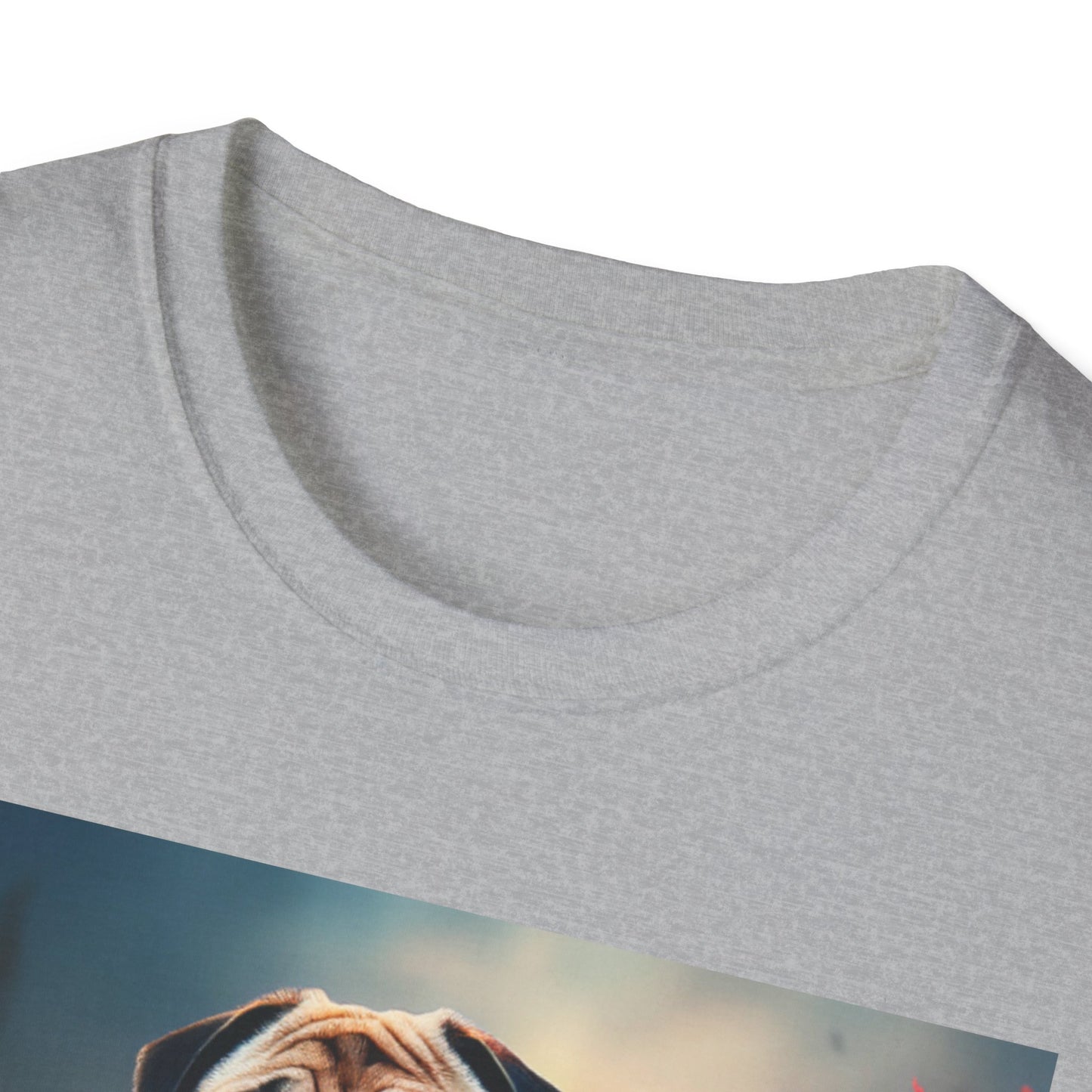 Pug Riding on A Red Dragon Unisex Softstyle T-Shirt - Funny Animal Lover Tee, Cute Dog Graphic Shirt, Fantasy Pet Apparel, Novelty Gift Top,