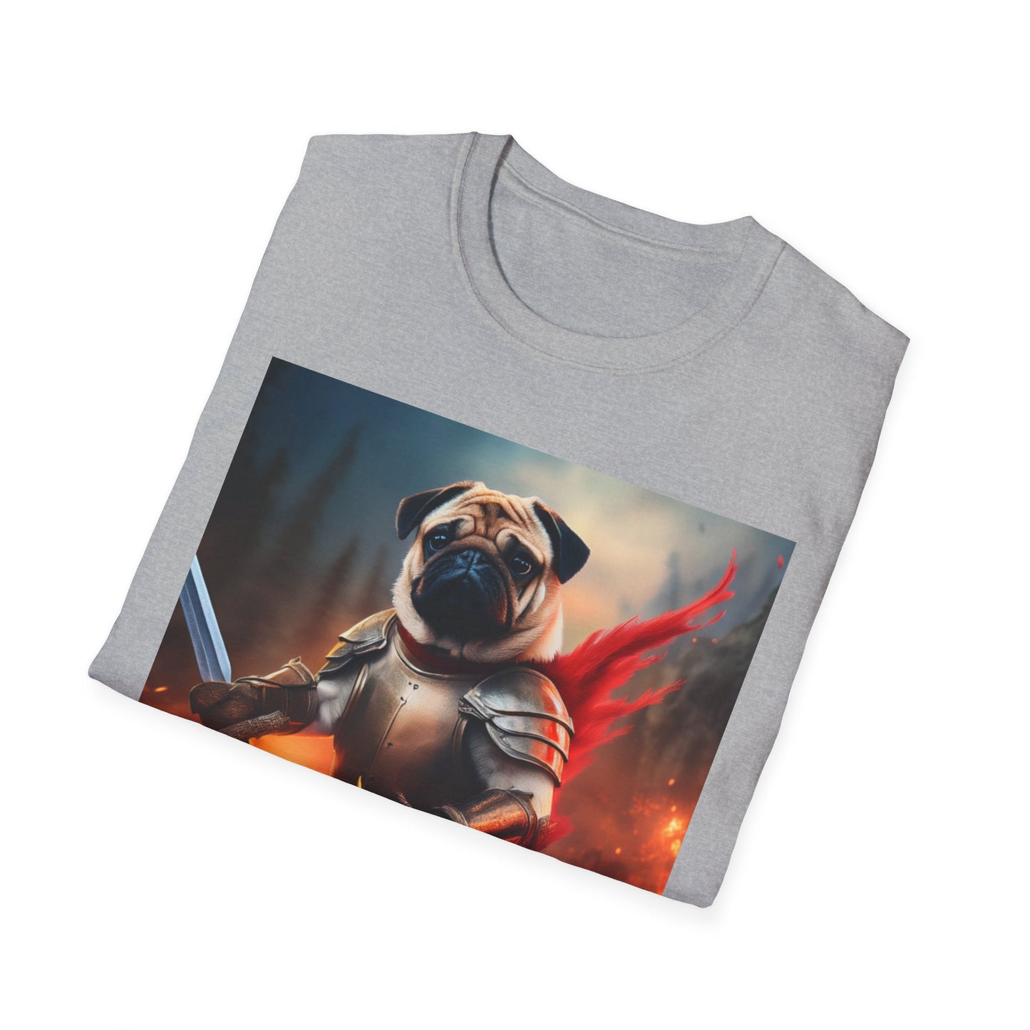 Pug Riding on A Red Dragon Unisex Softstyle T-Shirt - Funny Animal Lover Tee, Cute Dog Graphic Shirt, Fantasy Pet Apparel, Novelty Gift Top,