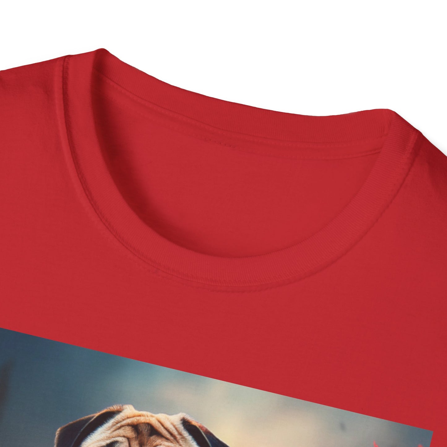 Pug Riding on A Red Dragon Unisex Softstyle T-Shirt - Funny Animal Lover Tee, Cute Dog Graphic Shirt, Fantasy Pet Apparel, Novelty Gift Top,