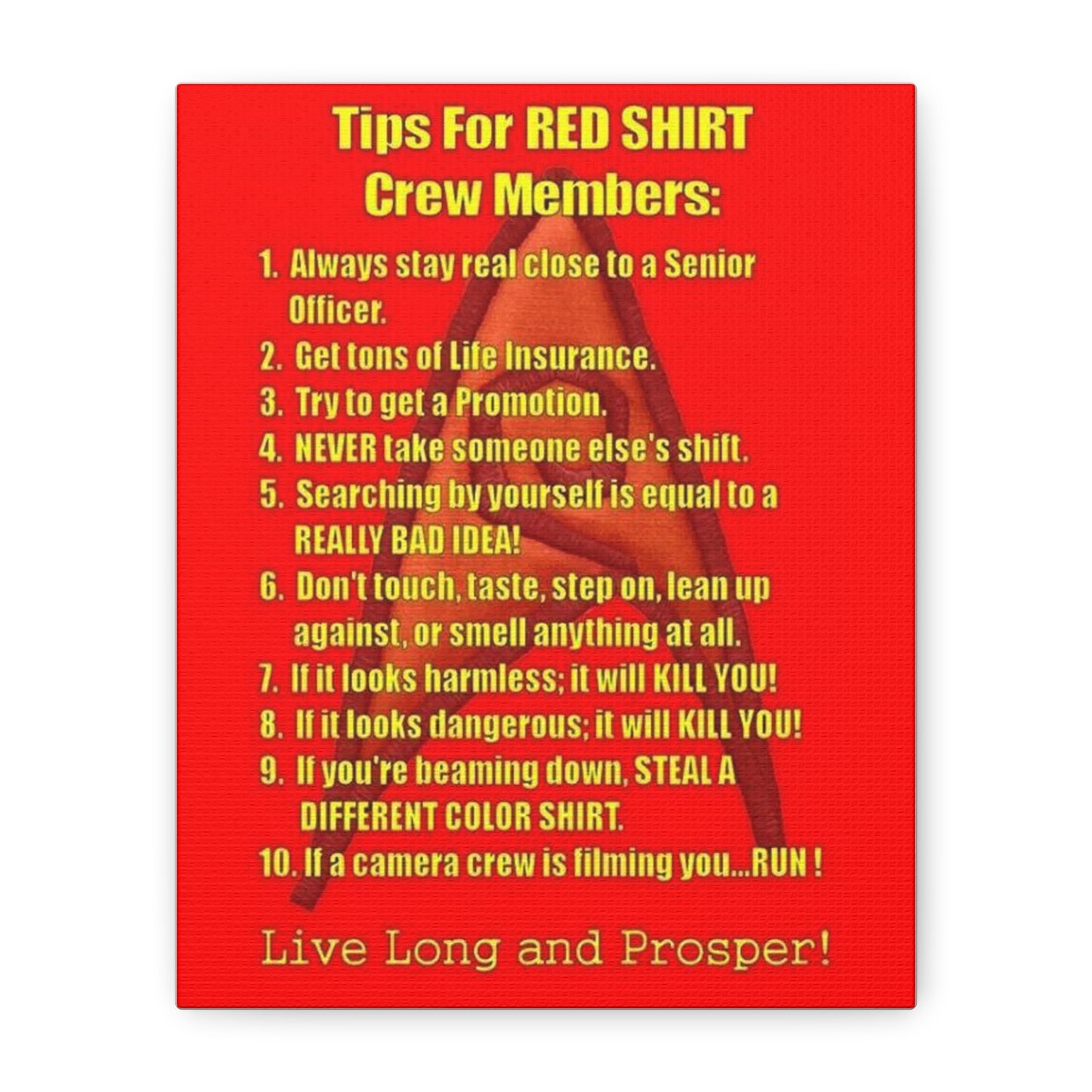 8x10 Canvas Print, 10 Rules for Star Trek Red Shirt Crew Members, Wall Art Decor, Sci-Fi Fan Gift, Geek Home Decor, Star Trek Poster