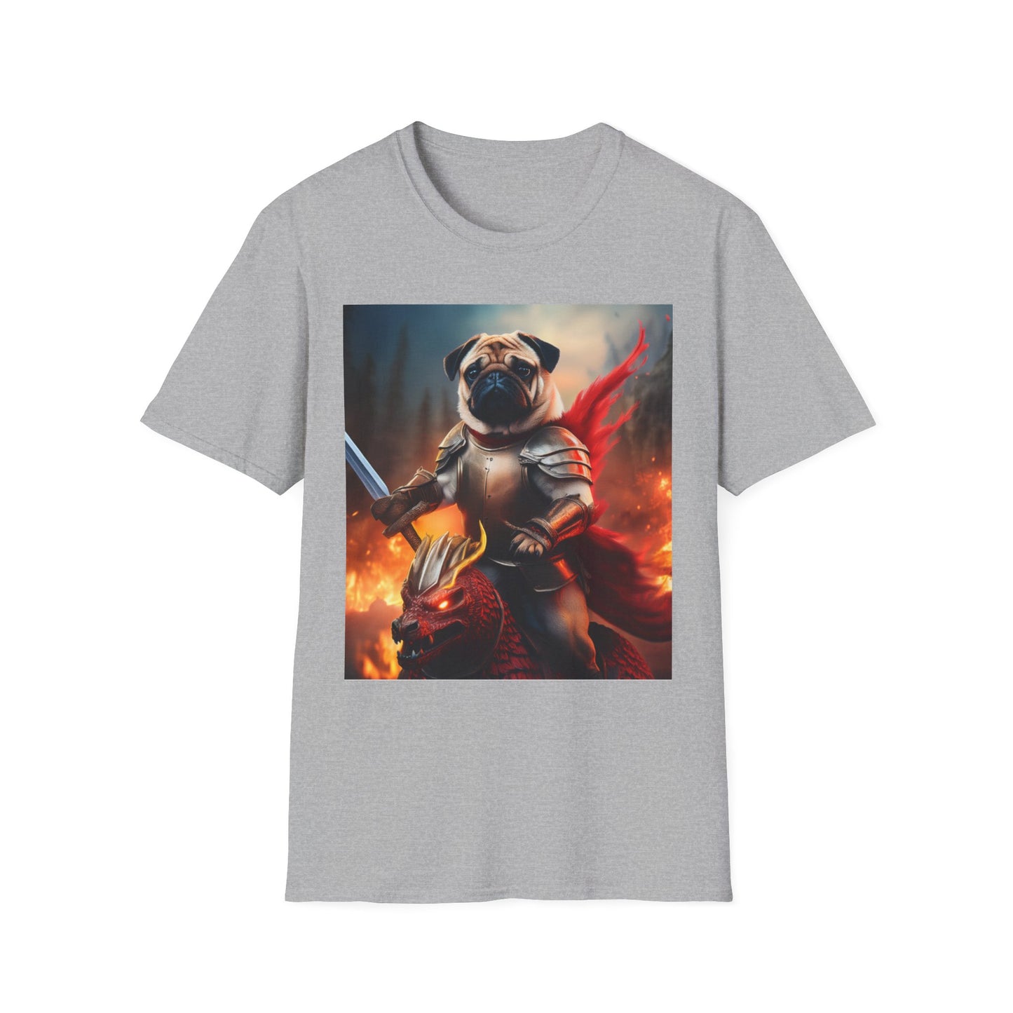 Pug Riding on A Red Dragon Unisex Softstyle T-Shirt - Funny Animal Lover Tee, Cute Dog Graphic Shirt, Fantasy Pet Apparel, Novelty Gift Top,