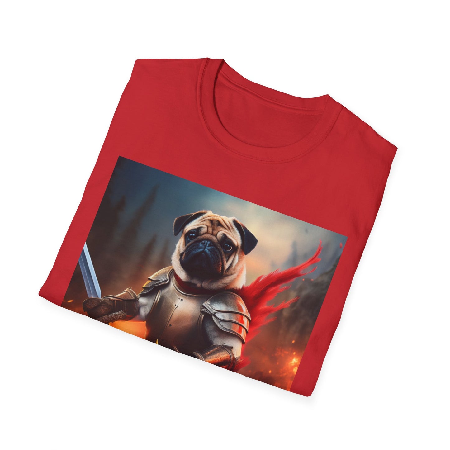 Pug Riding on A Red Dragon Unisex Softstyle T-Shirt - Funny Animal Lover Tee, Cute Dog Graphic Shirt, Fantasy Pet Apparel, Novelty Gift Top,