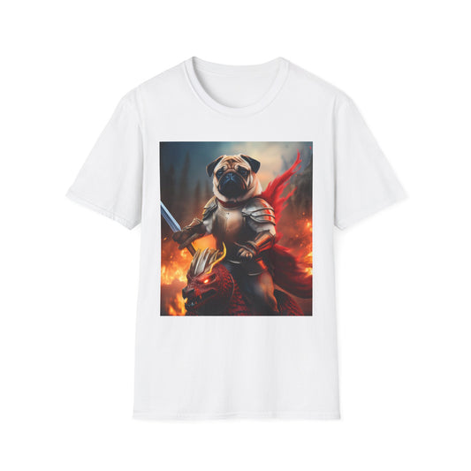 Pug Riding on A Red Dragon Unisex Softstyle T-Shirt - Funny Animal Lover Tee, Cute Dog Graphic Shirt, Fantasy Pet Apparel, Novelty Gift Top,