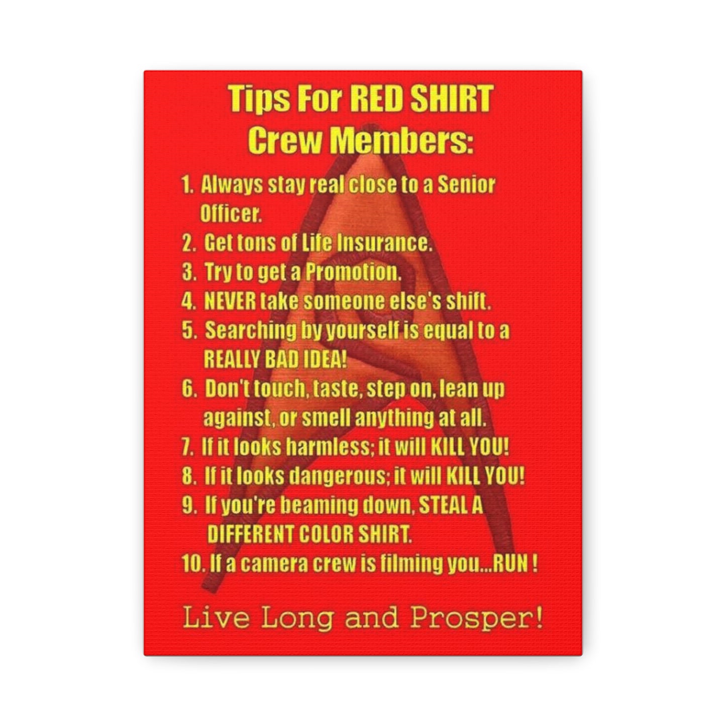 9x12 Canvas Print, 10 Rules for Star Trek Red Shirt Crew Members, Wall Art Decor, Sci-Fi Fan Gift, Geek Home Decor, Star Trek Poster
